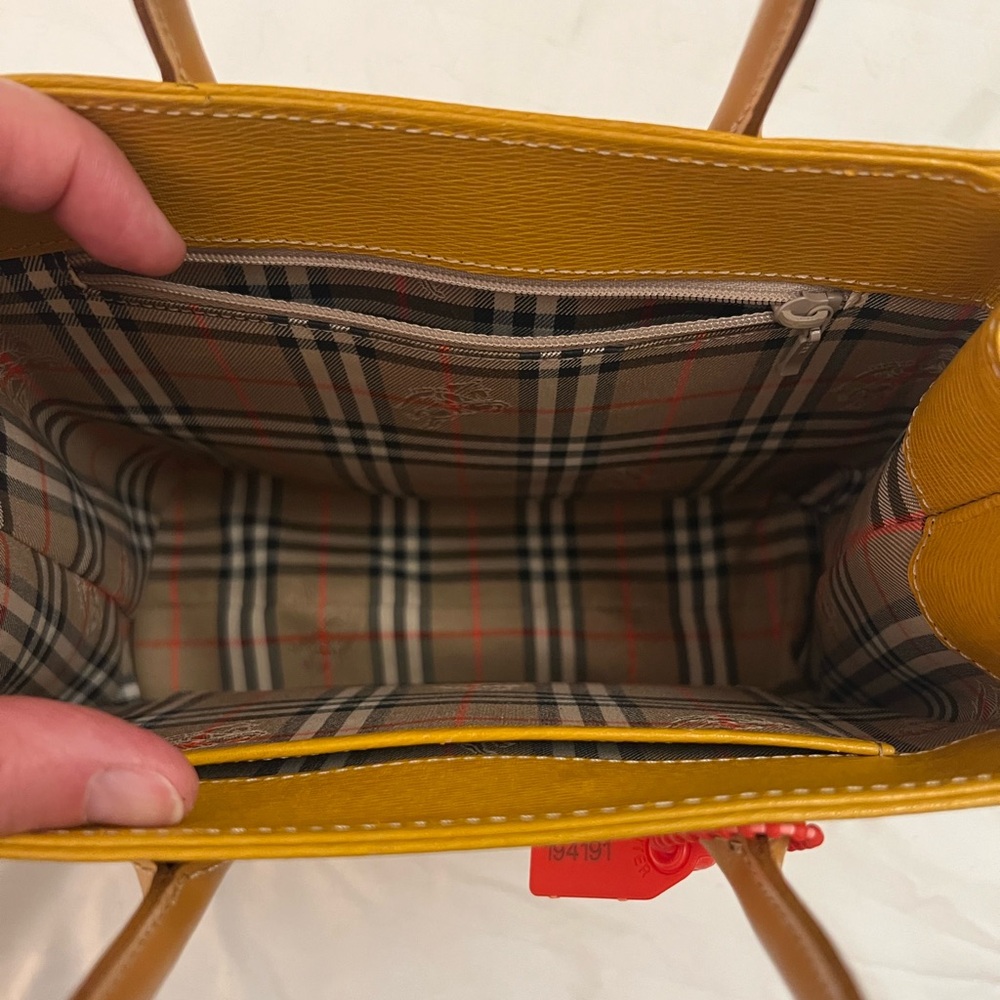 Burberry Yellow Leather Top Handle Handbag Vintage Haymarket Check Mustard Brown - Picture 6 of 12